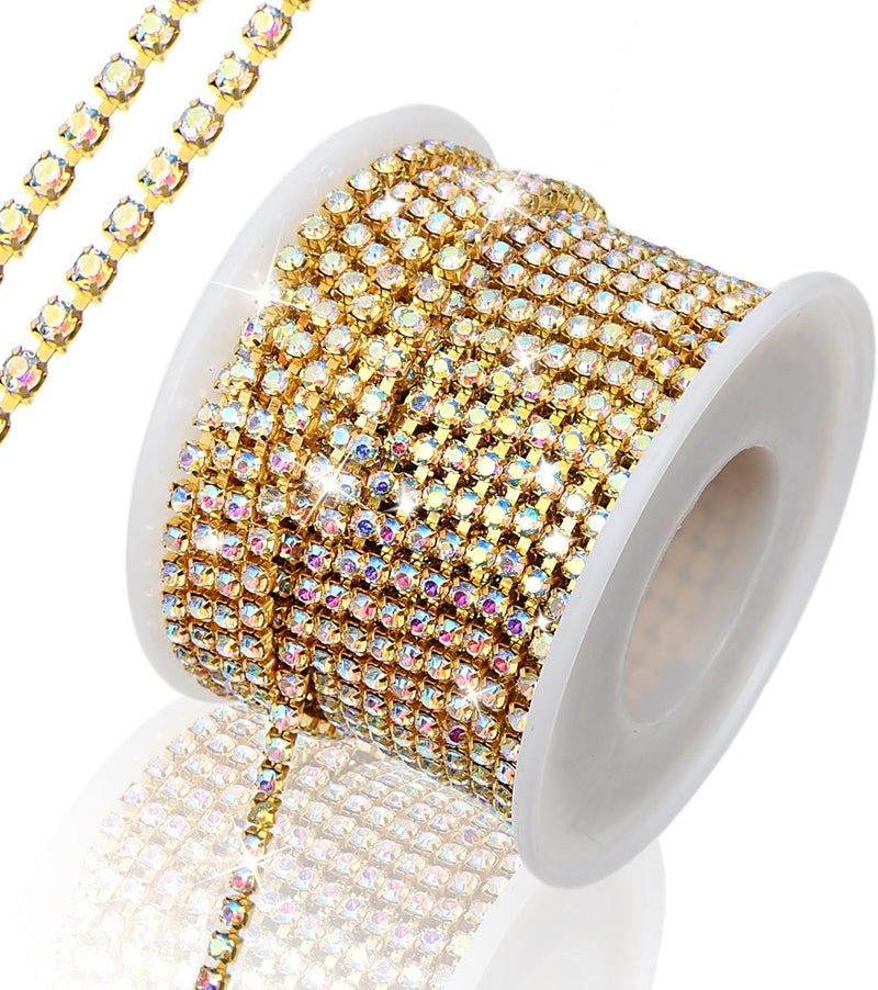 Dropower 10 Yards Rhinestone Chain, SS12/3mm Crystal Rhinestones Close Chain Trim, Bling Diamond Cup Chain for Jewelry Clothing Shoes Wedding Party Decoration(Gold+Silver AB) - Image 1